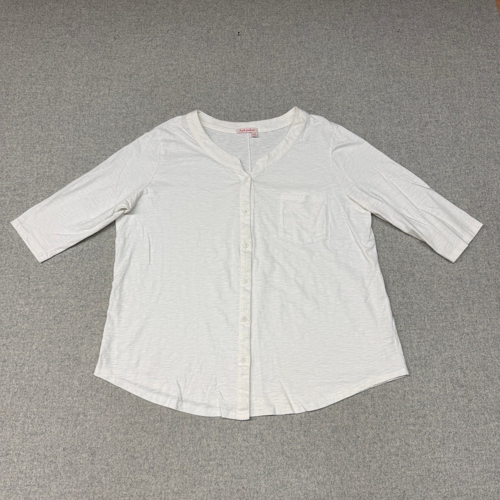 Fresh Produce | Button Up Shirt | 1X | White | Cotton Slub 3/4 Sleeve Pocket Top - Picture 2 of 8